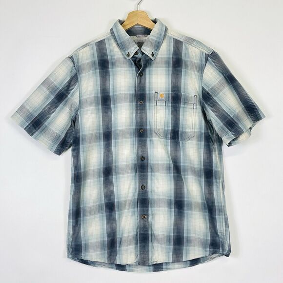 Carhartt Blue Cream Plaid Short Sleeve Button Up Relaxed Fit Shirt Men's Medium - Picture 1 of 7